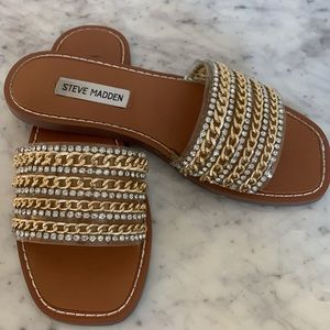 Steve Madden Rhinestone and Gold Slides